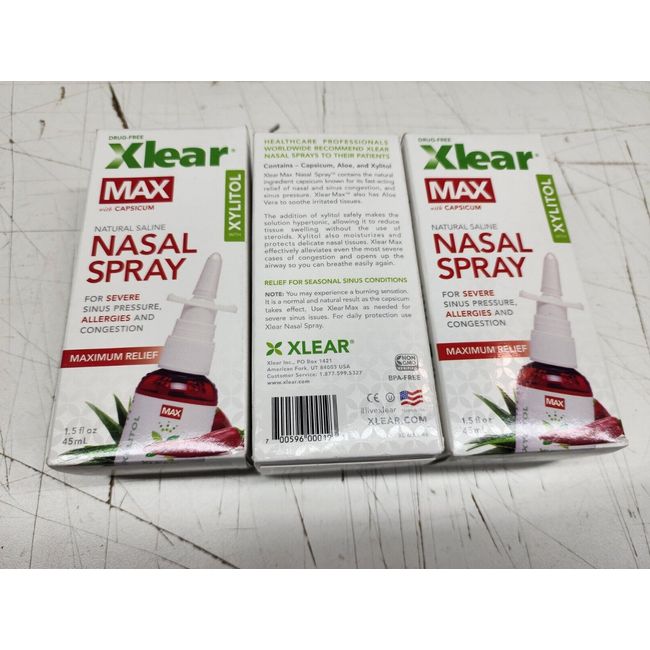 (3 Pack) Xlear Saline Sinus Nasal Spray Max Relief with Capsicum, Xylitol 1.5oz