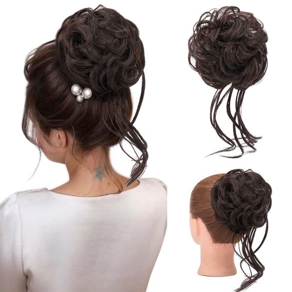 Messy Bun Hair Piece, S-noilite Long Tousled Updo Hair Bun Extensions Wavy Hair Wrap Ponytail Hairpieces Hair Scrunchies with Elastic Hair Band for Women, Natural Brown