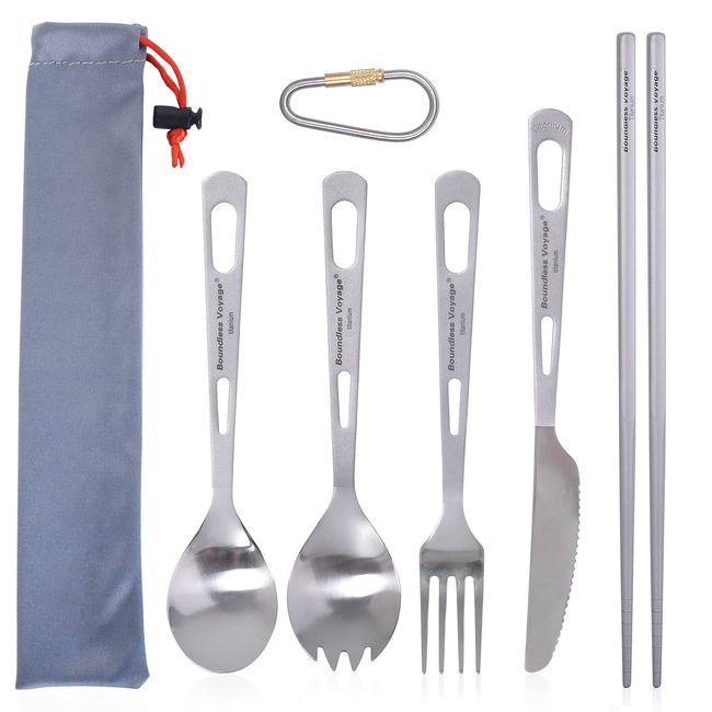 Boundless Voyage Camping Titanium Cutlery 3, 4, or 5 Piece Set, Fork, Spoon, Knife, Spork, Chopsticks