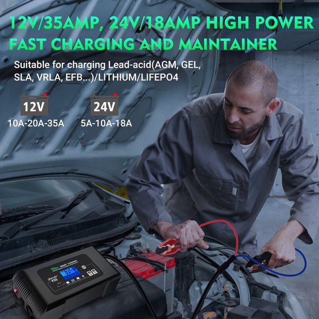 5A 12V Automatic Smart Battery Charger and Maintainer with LCD Display for  Lead Acid and Lithium (LiFePO4) Batteries