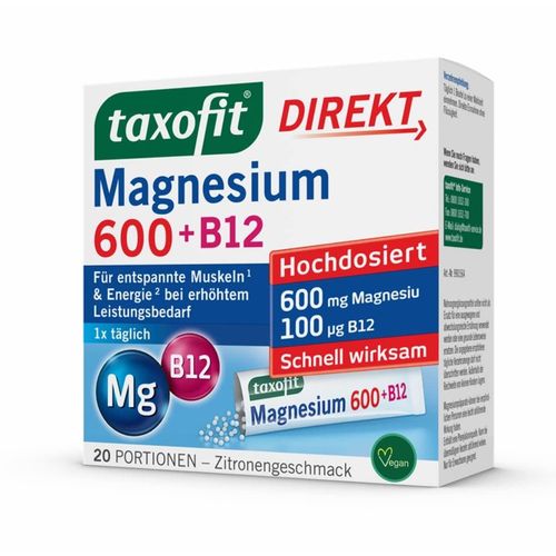 taxofit Magnesium 600 + B12 Direct, 20 Servings of Direct Granules, Magnesium Oxide High Dose 600 mg, Vitamin B12 & B1, Supports Energy Metabolism, Vegan & Laboratory Tested