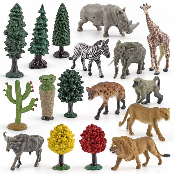 South African Animals Model Toy Playsets 17 PCS Lion White Rhino Spotted Hyena Zebra Buffalo African Elephant Giraffe Model Party Favors Toy Christmas Birthday Gift for Kids Toddlers