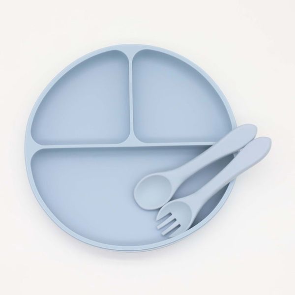 Baby Silicone Round Sucker Compartment Dinner Plate With Spoon Fork Sets - Average Size (0-8Y) / Green