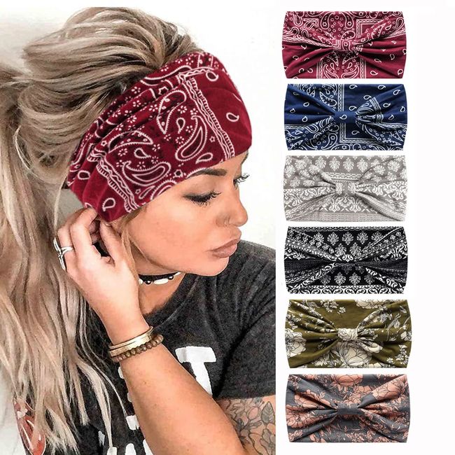 6Pcs Headbands for Women Wide Knotted Turban Bandana Boho Head Scarfs Wraps Yoga Hairbands Fabric Elastic Headband Sport Running Headscarves (Cashew6)