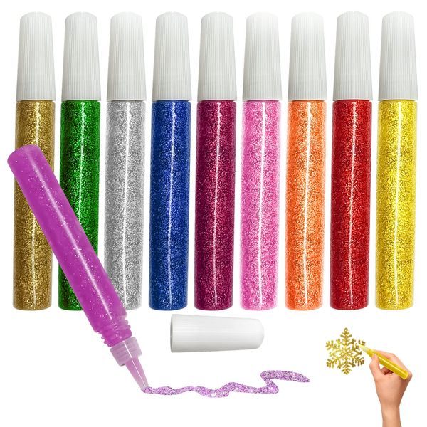 Mesen 10 Stück Glitter Glue Original, Glitzerkleber zum Basteln, Dekorieren und kreativen Gestalten in Tube mit feiner Dosierspitze, DIY-Kunst- und Handwerks-Glitzerstifte