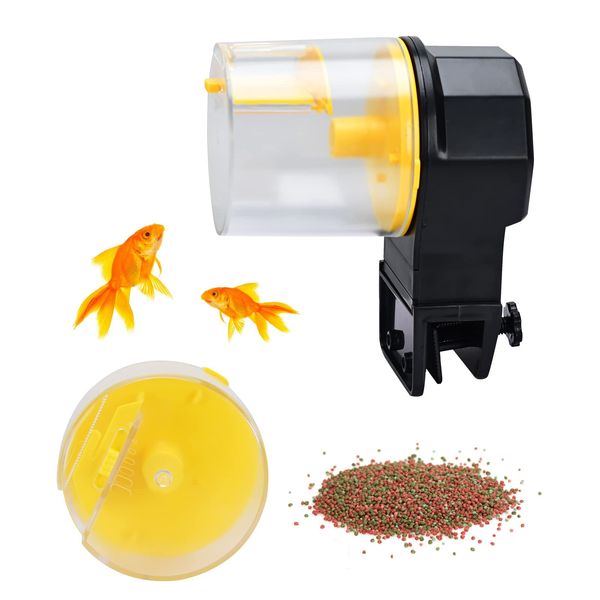 Podazz Automatic Fish Feeder 100/210ml, Fish Food Dispenser Aquarium Tank Auto Timer with Two Feeding Boxes for Holiday Vacation Weekend,Yellow