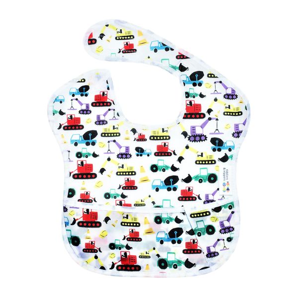 tiddler easy-bib | For 6-36 months | Waterproof & Wipe Clean | Integrated Spill Catch Pocket & Easy-Fit Adjustable Fasten | Lightweight & Machine Washable (1x Diggers & Lorries)