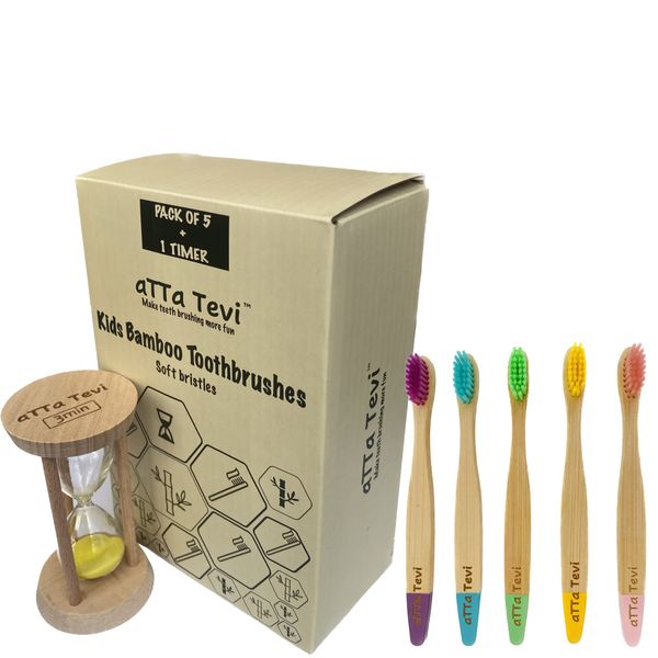 aTTa Tevi Children's Toothbrush with Timer Kids Bamboo Toothbrushes BPA Free Soft Bristles Pack of 5, Eco Friendly Natural Wood Tooth Brushes Organic Biodegradable Plastic Free Wooden Hourglass