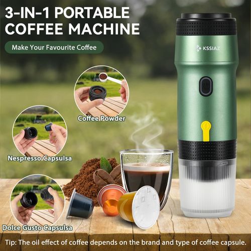 Kssiaz Portable Espresso Machines, Electric Espresso Maker with Self-Heating, USB-C & Car Charger, 20 Bar Mini Coffee Maker With NS Capsule & Ground Coffee for Camping, Hiking, Travel, Office, Green