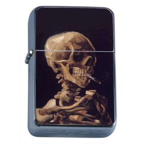 Vincent Van Gogh Skull Smoking Windproof Refillable Flip Top Oil Lighter with Tin Gift Box D-179