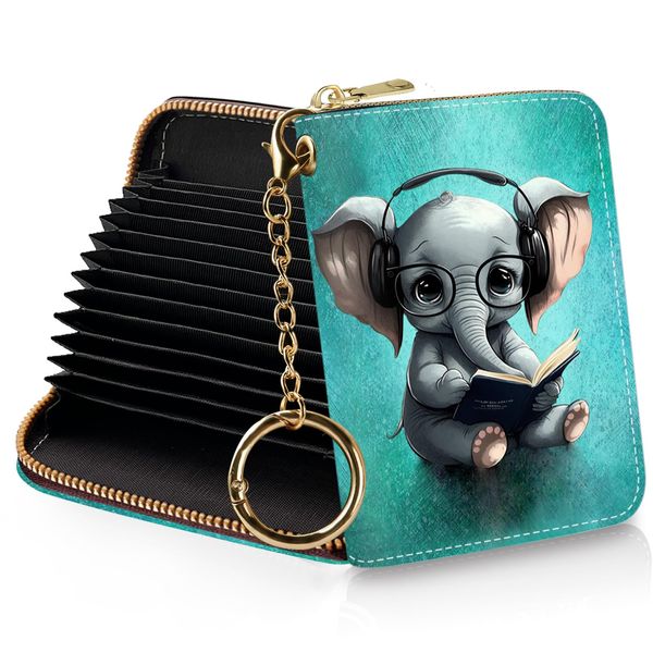 Yonlevres RFID Wallet Women Credit Card Holder, Cute Elephant Small Wallet with Keychain Zipper, Leather Credit Card Wallets Card Organizer Case RFID Blocking Accordion Gift