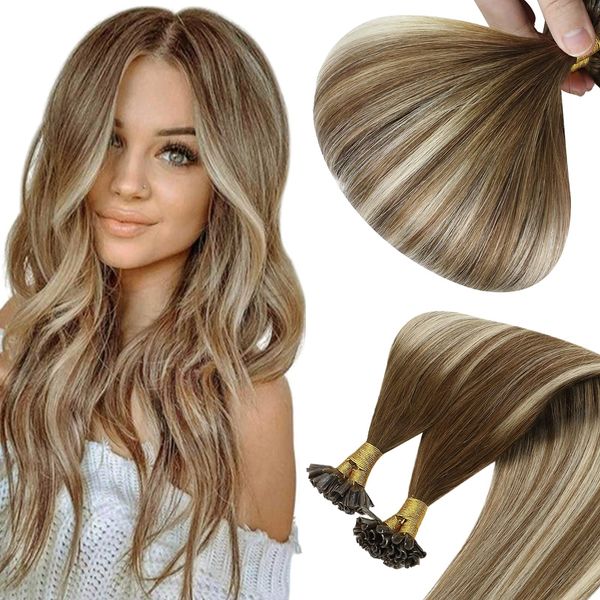 Sunny Utips Fusion Hair Extensions Brown U Tip Real Medium Brown Ombre Platinum Blonde Mix Brown U Tips Fusion Hair Extensions Long Hair Utip Extensions Keratin Utips Hair Extensions 24inch 50g/50s