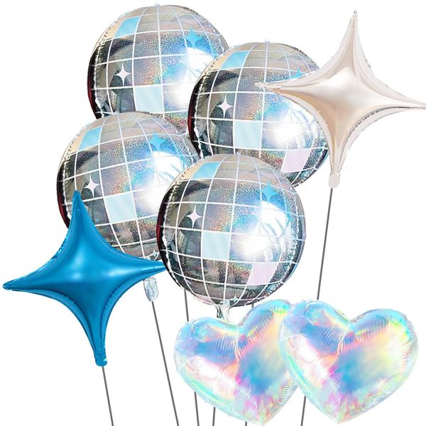 8 Pcs 22 inch Disco Ball Balloons Star Iridescent Heart Balloons for Last Bachelorette Party Decoration Groovy Birthday Bridal Shower Valentine's Day Supplies