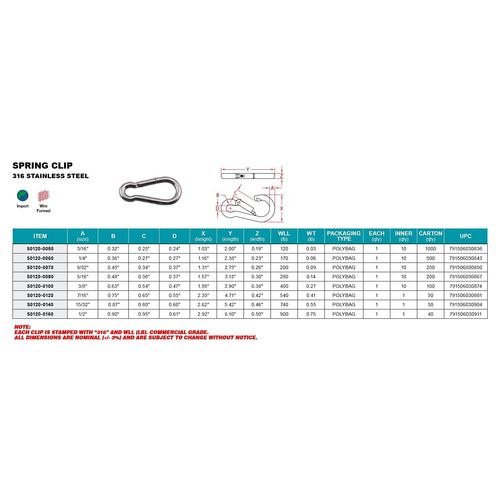 316 Stainless Spring Clip 5/16" x 3-1/4" Carabiner (S0120-0080)