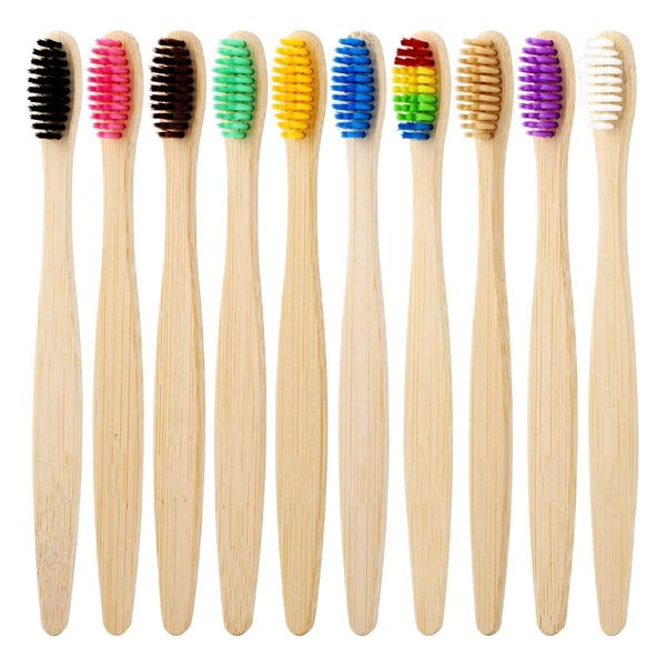 Bamboo Toothbrush for Adult 10pcs, Biodegradable Eco-Friendly Natural Organic Bamboo Charcoal Toothbrushes Soft Bristles (10 Colors)