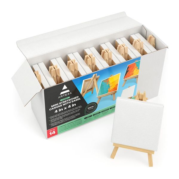 ARTEZA Mini Canvases with Easels 10.16 x 10.16 cm, Pack of 14, 100% Cotton Small Stretched Canvas & Solid Pine Wood Easel, Art Supplies for Painting Parties, Crafts, & Classrooms