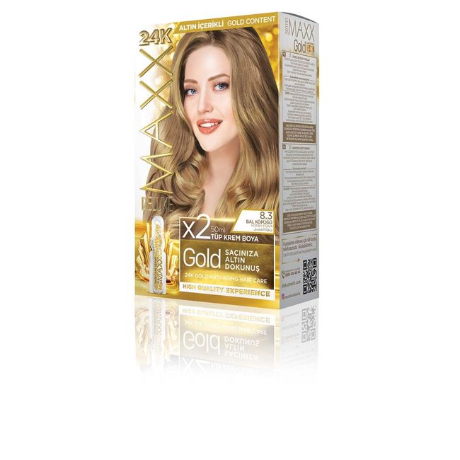 MAXX DELUXE Gold serisi 24K Altın Parçacıklı Serum ile 1 Kutu 2 x 50 ml ve Geliştiriciler Saç Boyası (BAL KÖPÜĞÜ 8.3)