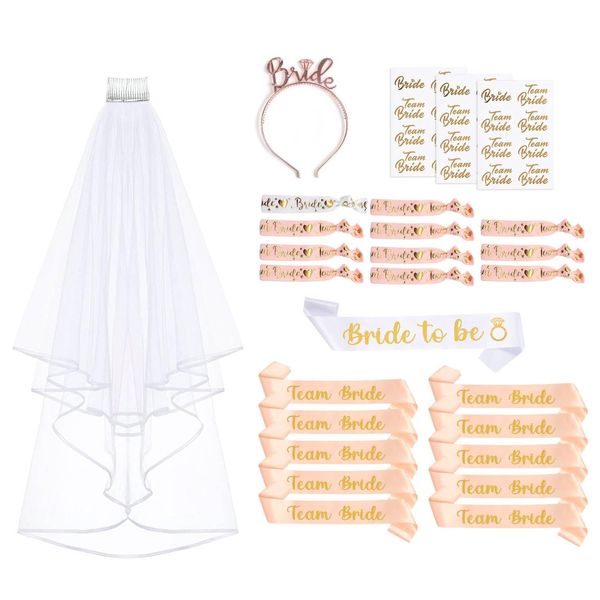 Shining She 27 PCS Hen Party Accessories, Hen Do Accessories with Bride to be Sash, Team Bride Sash, Bride Wristband, Team Bride Wristband, Bride Tattoos, Bridal Veil, Bride Headband Tiara