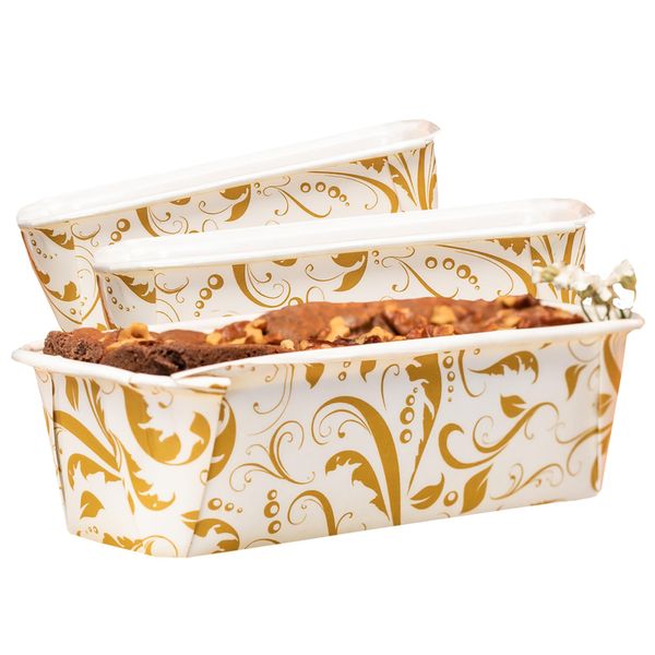 Paper Loaf Pan 24ct, Disposable Bakeable Grease Resistant Baking Cake Mold. Microwave Freezer Oven-safe cardboard, Elegant Decorated Kraft Forms for Bake & Serve 6 1/4"x 2 1/8"x 2" 12oz