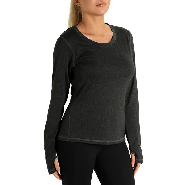 icyzone Damen Laufshirt Langarm Sport Shirt mit Daumenloch Fitness Yoga Oberteil (M, Black)