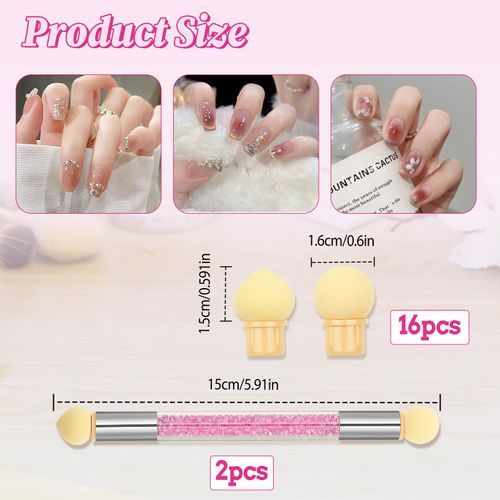WLLHYF 18PCS Round Nail Sponges for Ombre, Nail Gradient Sponge Pen Double-Head Sponge Nail Brush Rhinestone Handle Acrylic Nail Painting Brush for Gel Nails DIY Art Design