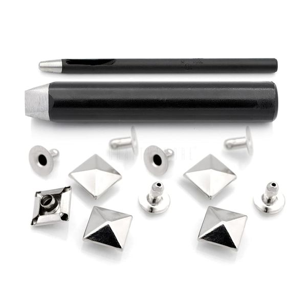 CRAFTMEMORE Pyramid Rivet Setter, Spike Rivet Setting Tool Kit, Hole Punch Cutter, 20 Pyramid Rivets in Silver (10 MM Setter)