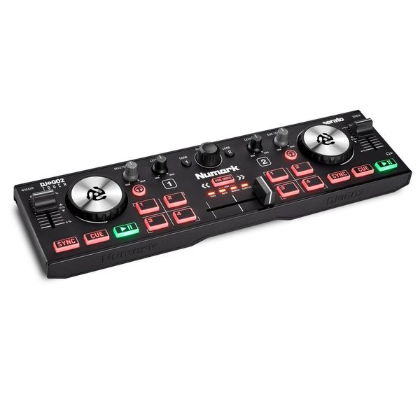 Numark DJ2GO2 Touch – Mini DJ Controller für unterwegs - 2-Deck USB DJ Pult mit Audio Interface und kapazitativen Jogwheels, 4 Pad Modi; Software enthalten