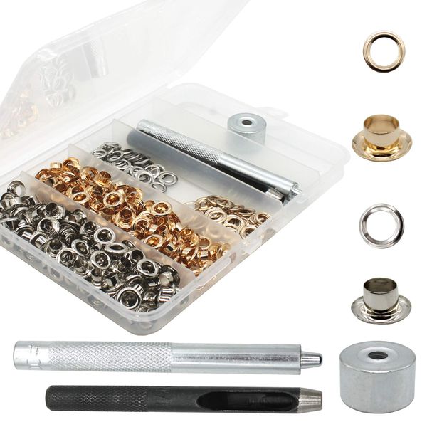 Raydodo 200 Sets Reinforced Grommet Kit, 3/16 Inch Metal Brass Eyelet Kit with 3 Pieces Grommet Tool Boot Eyelet Repair Kit and Grommets for Fabric, Tarps, Leather, Belt with Storage Box