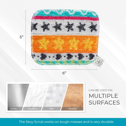 Skoy Scrub, 4-Pack, Non-Scratching, Reusable Scrub for Kitchen and Household Use, Environmentally-Friendly, Dishwasher Safe - Assorted Colors and Designs