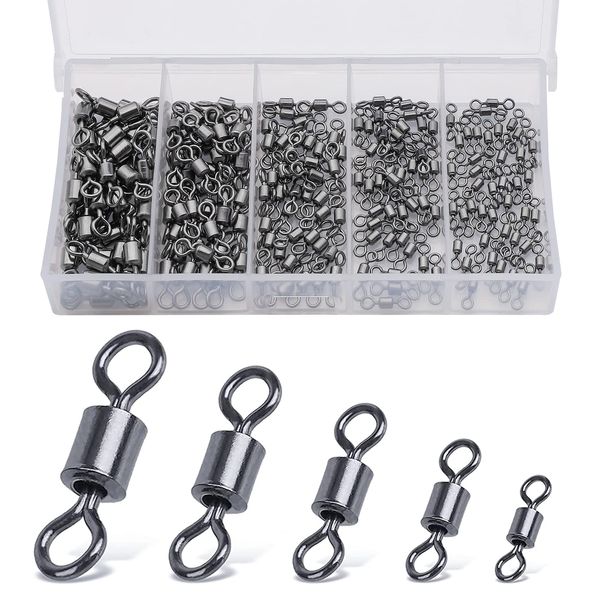 Realure 300 Pcs Rolling Fishing Swivels 5 Sizes Swivels for Carp Fishing Accessories Swivels 4# 6# 8# 10# 12# Barrel Fishing Connector Swivel for Sea Fishing, Fishing Line, Hooks Swivels