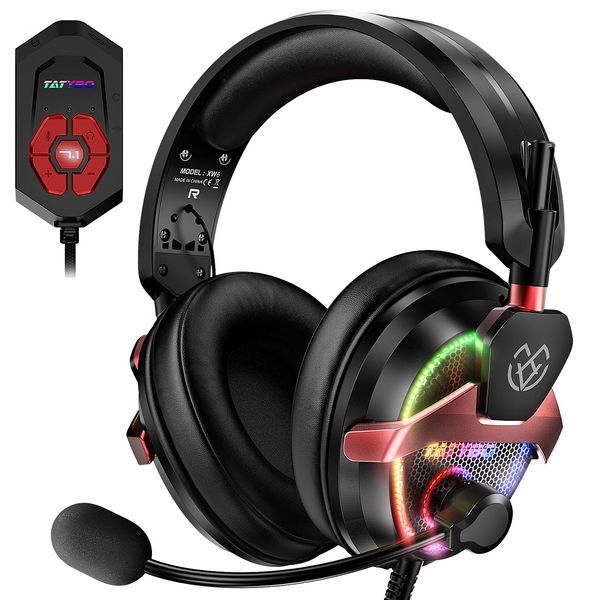 Tatybo PC Gaming Headset with Mic, USB Headset with 7.1 Surround Sound, Wired 3.5mm Headphones for PS4/PS5/Xbox, RGB