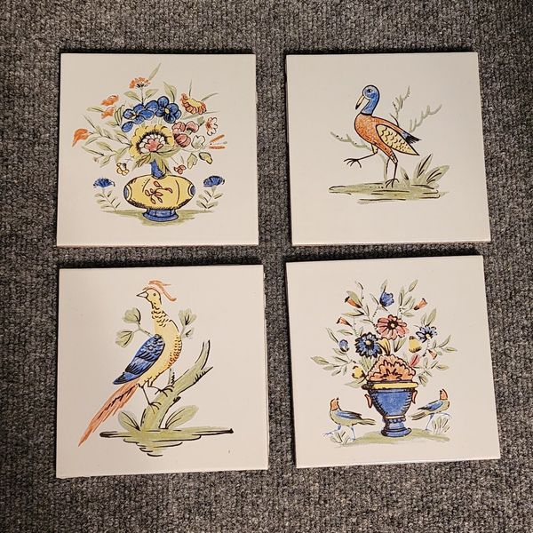 Set of 4 Glazed Porcelain Tiles With Print Transfer Images Birds And Flowers