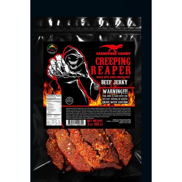 JURASSIC JERKY’S “CREEPING REAPER” Carolina Reaper Beef Jerky The Reaper is the HOTTEST Pepper in the world! Sweet with Heat - (2) 3 oz bags