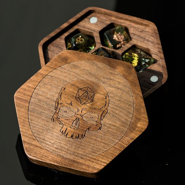 UDIXI Wooden Dice Box Skull Pattern, Walnut Dice Case with Magnetic Lid for Storage 7-Die Polyhedral Dice Set, Easy Carring, DND Gift (Hexagon)