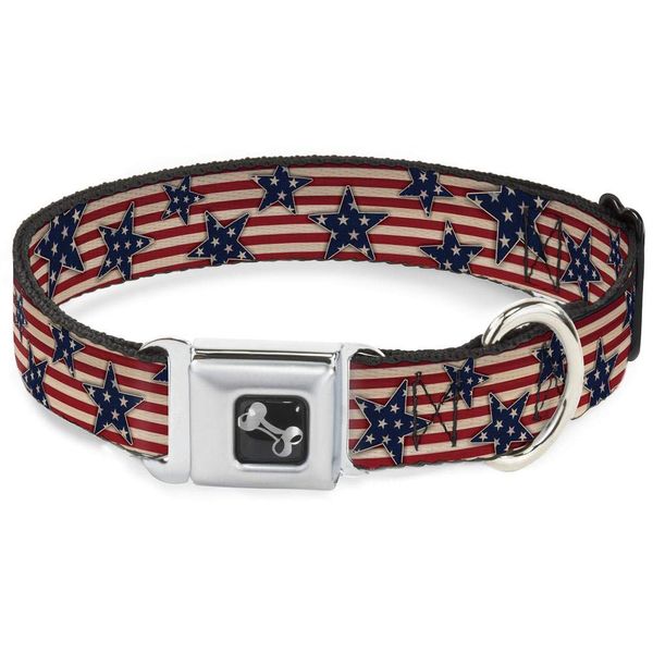 Buckle-Down Dog Collar Seatbelt Buckle Americana Stars Stripes Red White Blue White 15 to 26 Inches 1.0 Inch Wide, Multi Color (DC-W30133-L)