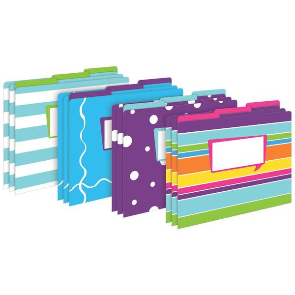 Barker Creek Designer File Folders, Happy, Multi-Design Set with Bright Patterns on Outside, Vibrant Solid Colors on Inside, Letter-Size File Folders, 1/3 Cut Tabs, (1334), Multi, Pack of 12