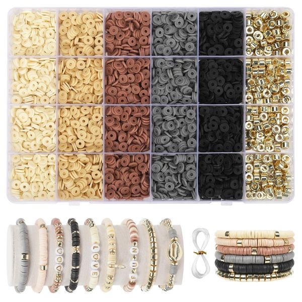 2370pcs Clay Beads for Bracelets Making, 6 Color Coffee Heishi Beads Polymer Clay Beads for Jewelry Making Supplies Charm, Friendship Bracelet Making Kit for Girl Women Adults (Coffee)