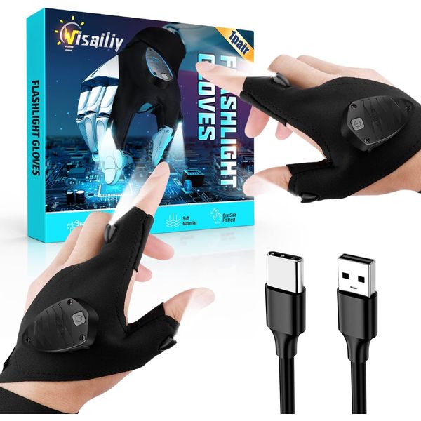 Visailiy Gifts for Men, Gadgets for Men Gifts for Dad, LED Gloves with Lights, Fishing Gloves, Rechargeable Flashlight Gloves for Christmas Stocking Fillers for Men, Unique Birthday Gifts for Men