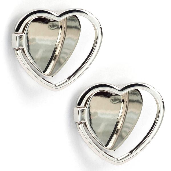 2 Packs Glossy Finish Love Heart Shaped Cell Phone Ring Holder Stand, 360 Degree Rotation Finger Ring Kickstand with Polished Metal Phone Grip (Silver)