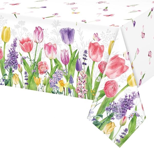 LOMYLM Summer Party Decorations Tablecloth, Floral Plastic Tablecloth Tulip Flower Butterfly Table Cloth Disposable Table Cover Cloth for Spring Summer Wedding Birthday Party Supplies, 137 * 274cm