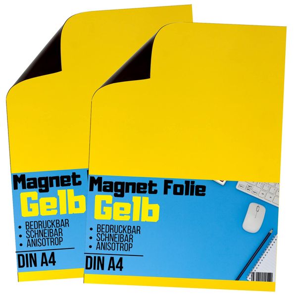 [2 Stück] Magnetfolie DIN A4 - Magnetband - Bedruckbar und Beschreibbar - KFZ Magnetfolie - Magnet Folie zum Beschriften zum Schneiden Stanzen und Basteln (Gelb)