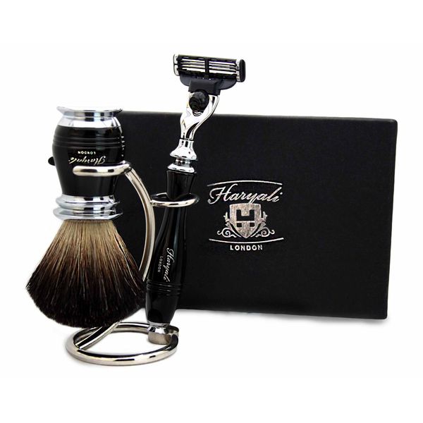 Haryali London 3 Edge Cartridge Safety Razor with Black Badger Hair Shaving Brush & Stand Perfect Shaving Kit for Men