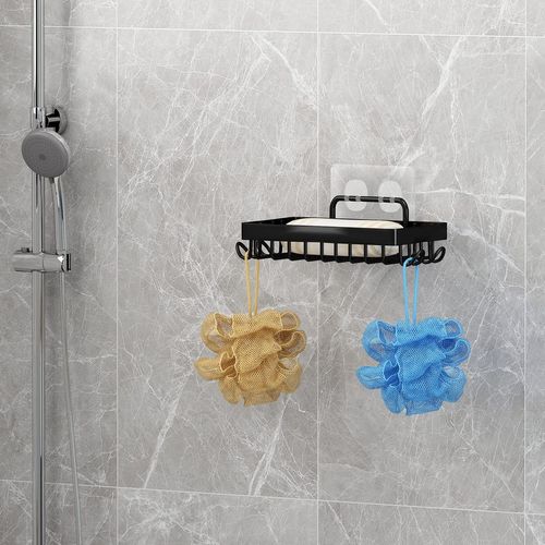 Shower Soap Holder with 4 Hooks, 304 Stainless Steel Adhesive Soap Dish, Black