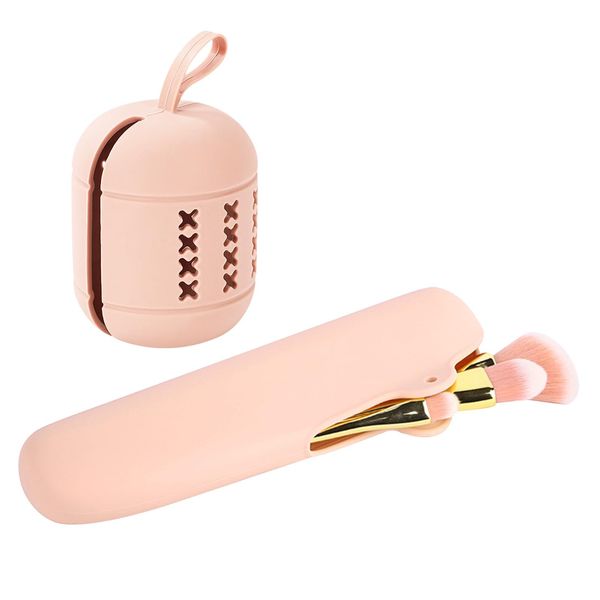 DAMILY Porta Pennelli Make up Da Viaggio,Porta Trucchi Con Beauty Blender Clip in Silicone,Portatile Per Portapennelli Da Trucco,Accessori Da Viaggio Per Ragazze E Donne, Set Da 2 Pezzi (Rosa)