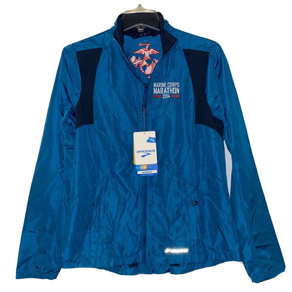 Brooks Marine Corps 2014 Marathon Womens Blue Windbreaker Jacket $90 MSRP Sz M