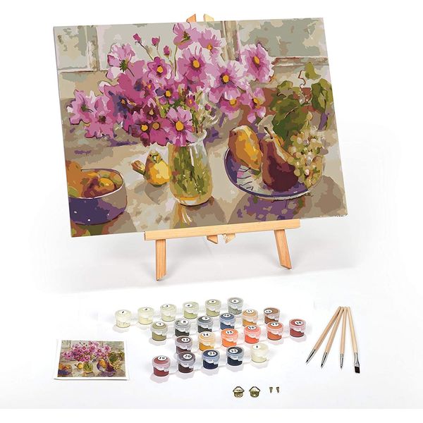 Ledgebay DIY Paint by Numbers Kit for Adults Framed Canvas Beginner to Advanced Paint by Numbers Kit, Kits Include Acrylic Paint set, Brushes & Tabletop Easel (Cosmos from The Garden 12" x 16" Framed)