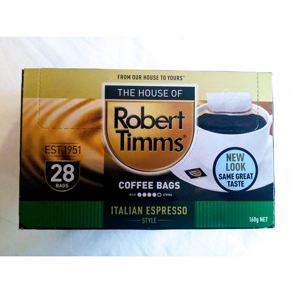 Robert Timms Single Use Coffee Bags, Italian Esspresso Style, 28 Count, Individual Strong to Medium Roast, Eco Friendly