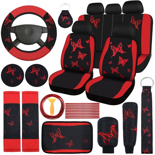 BBTO 43 Pcs Butterfly Car Seat Full Set Butterfly Car Accessories for Women 5 Front Rear Seat Covers Wrist Strap 2 Pieces Cup Mat Armrest Pad 2 Seat Belt Cover Accessories for SUV Car (Red, Black)