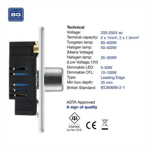 BG Electrical FBS83P-01 Screwless Flat Plate Triple Dimmer Intelligent Light Switch, Brushed Steel, 2-Way, 14.6 cm*4.4 cm*8.6 cm