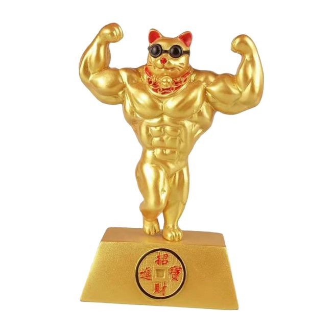 STARTIST Muscle Maneki Neko Gold Chinese Maneki Neko Figurine Hand Muscle Arm Decoration 6.3 Inch Homeless